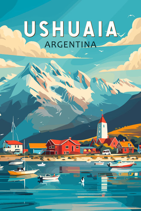 Retro-style illustration of Ushuaia, Argentina, featuring colorful houses and boats by the waterfront with a dramatic mountain range in the background under a bright blue sky. Travel Poster Graphic Design, Travel Poster Design Graphics, City Poster Design, Argentina Poster, City Posters Design, Travel Photo Album, Abstract Posters, Vintage Postcards Travel, Mountain Backdrop