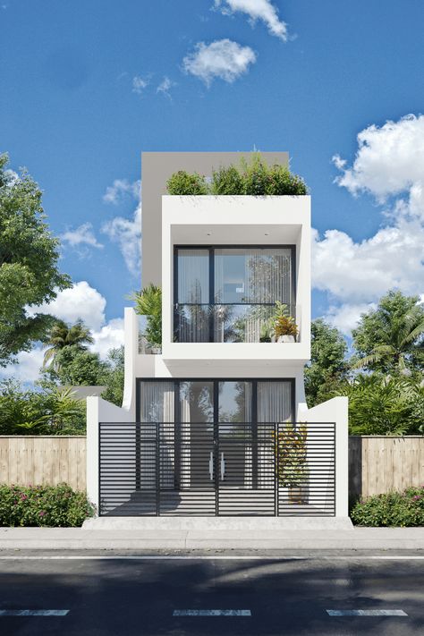 Japan Style House Modern, Narrow House Exterior, House Glass Design, Small House Facade Design, Small 2 Story House, Small House Exterior Design, Duy Huynh, Small House Exteriors, Narrow House Designs