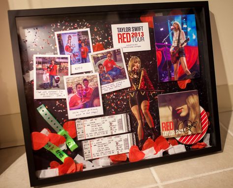 I put together a shadow box including photos, souvenirs, and memorabilia from the Taylor Swift concert... #TaylorSwift #REDTour #StaplesCenter Framed Autograph Ideas, Taylor Swift Concert Frame, Concert Frame Ideas, Concert Memories Ideas, Eras Tour Memorabilia, Concert Collage Ideas, Concert Shadow Box Ideas Kpop, Taylor Swift Concert Shadow Box Ideas, Taylor Swift Gift Box Idea