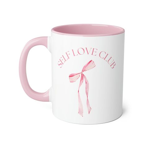 Self Love Club Mug, Coquette Bow, Girly Girl, Aesthetic Mug, Gift for Her, Girl Gifts, Gifts for Girlfriend, Gift for Mom, Gift for Sister Printed Cups Ideas, Mug Printing Design, Mug Printing Ideas, Coquette Gifts, Girly Wishlist, Girly Girl Aesthetic, Aesthetic Mugs, Girly Christmas Gifts, Mug Print