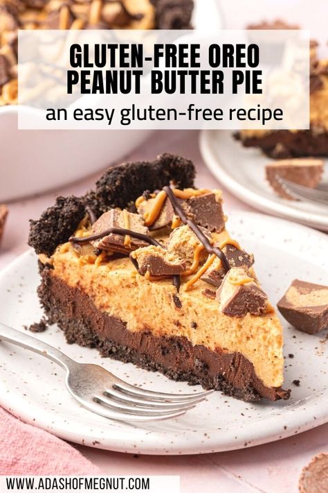 This gluten-free Oreo peanut butter pie has a luscious chocolate ganache filling atop a gluten-free Oreo crust and is crowned with a velvety peanut butter cream cheese filling. It’s smooth, rich, and always a crowd pleaser! #glutenfree #recipe Chocolate Pie Gluten Free, Gf Peanut Butter Pie, Gluten Free Chocolate Peanut Butter Pie, Gluten Free Chocolate Pie Crust, Gluten Free Oreo Pie, Gluten Free Chocolate Cream Pie, Gluten Free Peanut Butter Pie, Oreo Peanut Butter Pie, Gluten Free Chocolate Pie