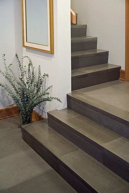 Cast Concrete 24x36 Floor Tile and Stair Treads in Shiitake, Photo by Raef Grohne by Solus Decor, via Flickr Concrete Tile Floors, Staircase Tiles Design, Tiles For Stairs, Stairs Tiles Design, Tiled Staircase, Concrete Tile Floor, درج السلم, Tile Steps, Staircase Designs