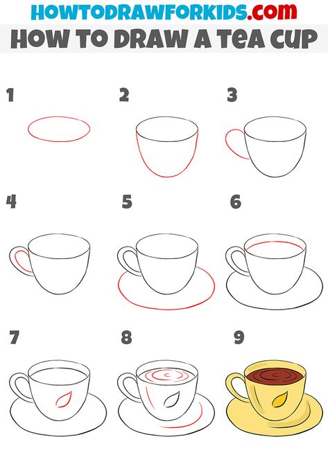 how to draw a tea cup step by step Teacup Drawing, Drawing Cup, Tea Cup Drawing, Coffee Cup Drawing, Cup Drawing, Tea Cup Art, Drawing Tutorials For Beginners, Drawing Step By Step, Drawing Tutorials For Kids