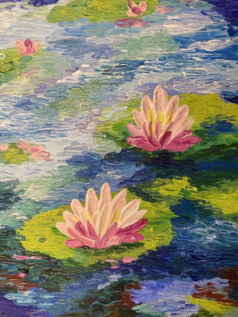 Draw Water Lily, Acrylic Painting Ideas On Canvas Aesthetic, Acyrlic Painting, Jar Painting, Water Lilies Painting, Pink Lilies, Pond Painting, Art Deco Paintings, Lily Painting