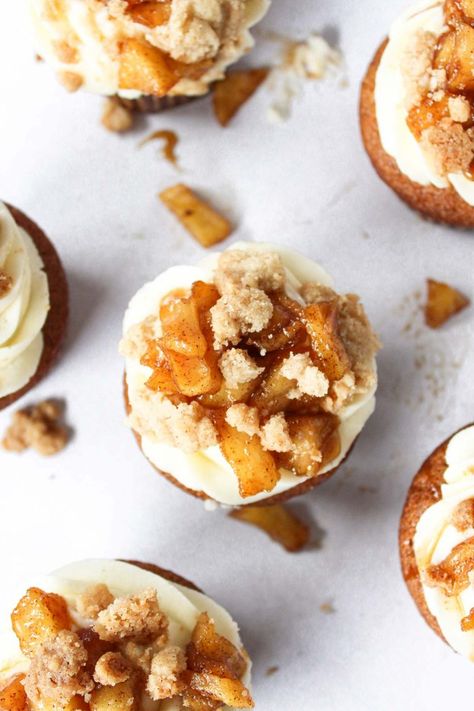 Apple Crumble Cupcakes, Apple Pie Topping, Crumble Cupcakes, Apple Cider Cupcakes, Apple Crumble Topping, Pie Topping, Cinnamon Frosting, Apple Pie Cupcakes, Cream Cheese Cupcakes