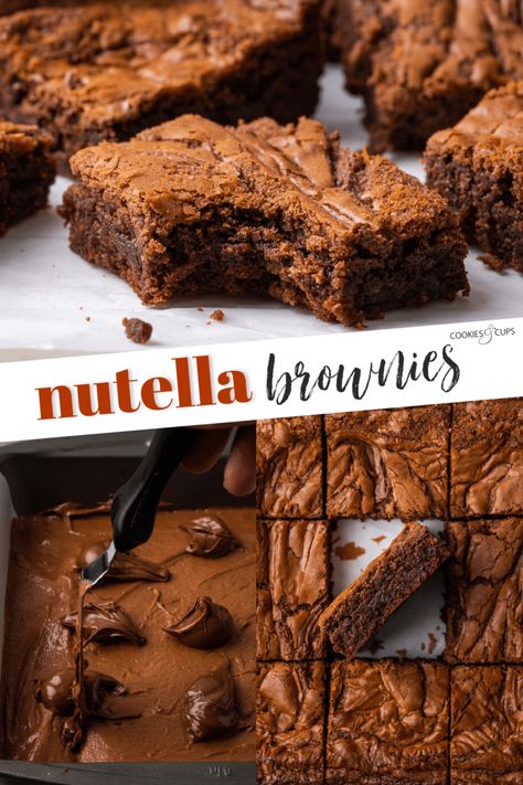 Homemade Nutella brownies are rich, fudgy, and swirled with chocolate hazelnut cream. Make them in one bowl with only 7 ingredients! Best Homemade Brownies, Fudgy Brownies Recipe, Food Nutella, Smart Sweets, Backing Ideas, Nutella Brownie, Cookies And Cups, Hazelnut Cream, Fudgy Brownie Recipe