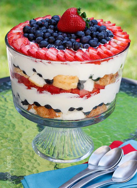 Healthy dessert...I make these during summer and they are a big hit with kids and adults ;) Blueberry Trifle, Pudding Recept, Berry Trifle, July Desserts, 4th Of July Desserts, Trifle Recipe, Party Dips, Fourth Of July Food, Angel Cake