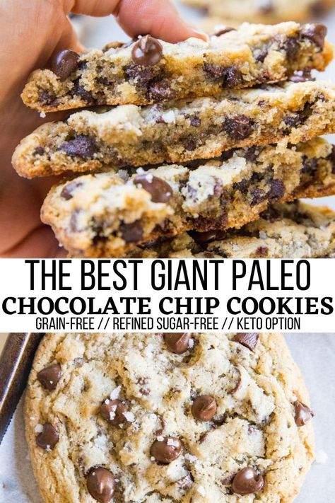 The BEST Giant Paleo Chocolate Chip Cookies - The Roasted Root Chewy Paleo Cookies, Easy Paleo Cookie Recipes, Best Paleo Chocolate Chip Cookies, Refined Sugar Free Chocolate Chip Cookie, Grain Free Fall Recipes, Gaps Diet Cookies, Healthy Chewy Chocolate Chip Cookies, Best Healthy Chocolate Chip Cookies, Gluten Free Refined Sugar Free Cookies