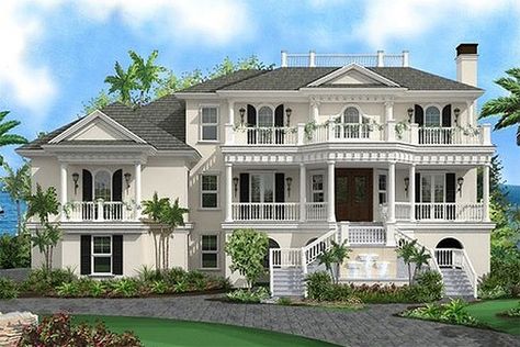 Plan 27-480 - Houseplans.com Beach Style House Plans, Beach House Floor Plans, Beach House Plan, Beach Mansion, Southern Style House Plans, Southern House Plan, Coastal Colonial, Southern House, Mansion Floor Plan