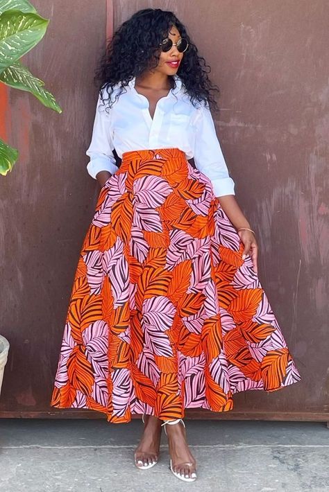 Long Ankara Skirt Styles, Ankara Flare Skirt, Chilanga Mulilo, Flare Skirt Outfit, African Skirt Outfit, Chitenge Outfits, Ankara Skirt Styles, Office Wears, Kitenge Dress