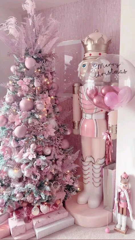 White Angel Christmas Tree, Pink And Gold Xmas Decorations, Sweeties Creations And Decor, Pink And Gray Christmas Decor, Pink Glam Party Ideas, White Trees Christmas Decorating Ideas, Teal And Pink Christmas Decor, Pink Christmas Bar Cart, Princess Tree Christmas