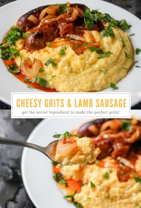 Lamb Breakfast, Lamb Sausage, Sausage Dinner, Cheesy Grits, Grits Recipe, Breakfast Idea, What's For Breakfast, Our Secret, Savory Breakfast