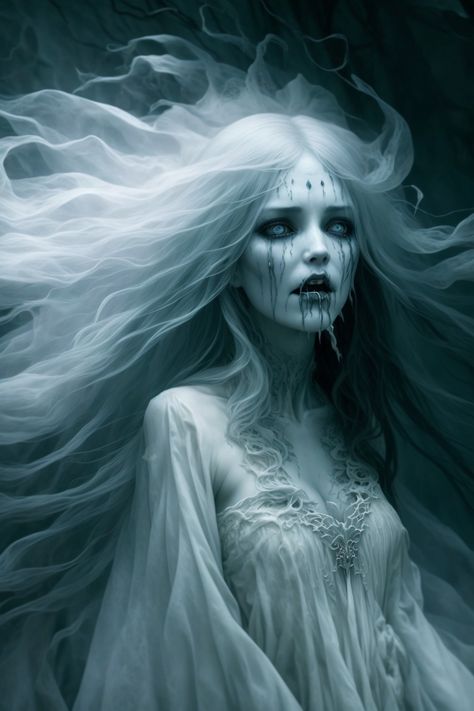 A banshee standing there in the pain of hunger Ghost Queen Art, Banshee Halloween Costume, Banshee Fantasy Art, Dnd Banshee, Banshee Aesthetic Mythology, Banshee Illustration, Banshee Mythology, Banshee Makeup, Mythical Creatures Costumes