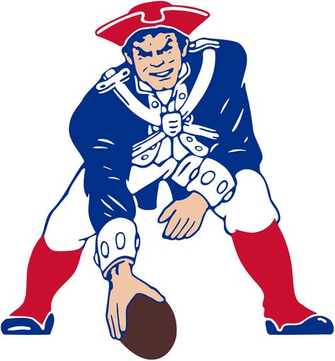 New England Patriots Primary Logo (1972-1988) - Patriot Pat in red, white, and blue about to hike the football Sailor Logo, Football Drawing, New England Patriots Logo, Nfl Football Art, Logo Evolution, Patriots Logo, New England Patriots Football, Football Images, Patriots Football