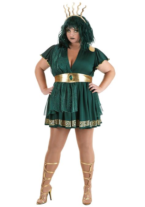 PRICES MAY VARY. Size: 3X 100% polyester jersey knit, metallic mesh, & faux snakeskin fabrics Pullover dress has plunging V-neck, elastic waistband Butterfly sleeves have metallic gold ribbon edging Printed metallic gold geometric pattern above hemline Rock a look inspired by Greek mythology when you wear your Plus Size Stunning Medusa Costume for Women! The emerald green pullover dress will stop any aspiring hero in his tracks thanks to the plunging neckline and printed geometric gold trim on t Best Female Halloween Costumes, Plus Size Halloween Costumes, Medusa Costume, Powerful Magic, Snake Hair, Gold Geometric Pattern, Plus Size Costume, Plus Size Halloween Costume, Halloween Costumes For Women