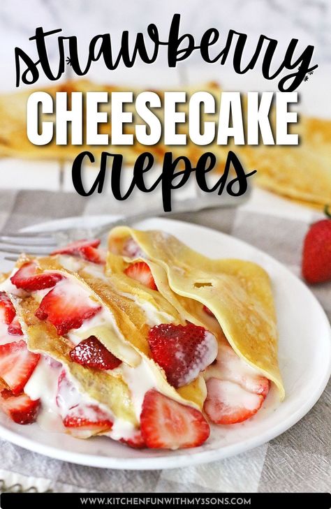 These strawberry cheesecake crepes are the perfect dessert for any occasion. They are easy to make with an incredible rich and creamy filling and a burst of fresh strawberries. Whip up a batch of these delicious crepes today and enjoy them all week long! Crepe Recipe Filling, Strawberry Crepes Recipe, Breakfast Strawberries, Dessert Crepes, Ricotta Cream, Sweet Crepes Recipe, Strawberry Crepe, Homemade Crepes, Easy Crepe Recipe