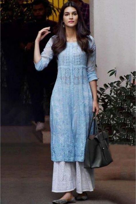 Kiara Advani, Kriti Sanon to Sara Ali Khan: 6 Times celebs opted for Chikankari kurtas for an off duty look | PINKVILLA Indian Kurti Designs, Indian Designer Suits, Anita Dongre, Simple Kurti Designs, Casual Indian Fashion, Long Kurti Designs, Salwar Kamiz, Traditional Indian Outfits, Kurti Designs Party Wear