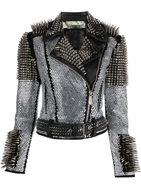 silver-tone/black lambskin biker-style frame crystal embellishment silver-tone stud detailing front zip fastening long sleeves front zip fastening pockets Biker Chic Fashion, Wwe Outfits, Sassy Outfit, Studded Jacket, Wardrobe Edit, Leather Biker Jacket, Biker Style, Philipp Plein, Crystal Embellishment