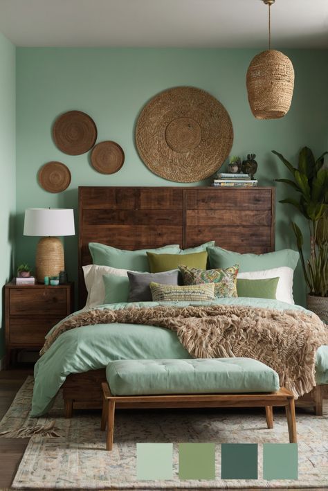 Discover how strategically using color blocking in your bedroom can create distinct zones, optimizing space and style effortlessly. #ad     #Colortrend #wallpaint2024  #color2024  #DIYpainting  ##DIYhomedecor  #Fixhome Sherwin Williams Halcyon Green, Halcyon Green, Color Schemes Bedroom, Cherry Wood Kitchen Cabinets, Dark Boho Living Room, Solid Wood Kitchen Cabinets, Halloween Bedroom Decor, Modern Boho Bedroom, Beige Color Palette