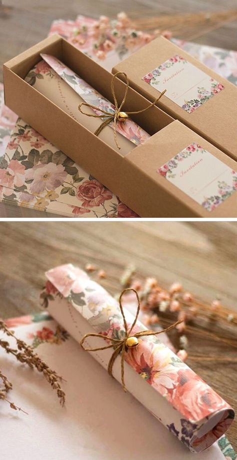 super romantic rustic wedding invitation ideas with lovely favor boxes Undangan Diy, Hand Drawn Wedding Invitations, Scroll Wedding Invitations, Wedding Invitation Trends, Romantic Rustic Wedding, Unique Wedding Cards, Rustic Wedding Invitations, Indian Wedding Invitation Cards, Creative Wedding Invitations