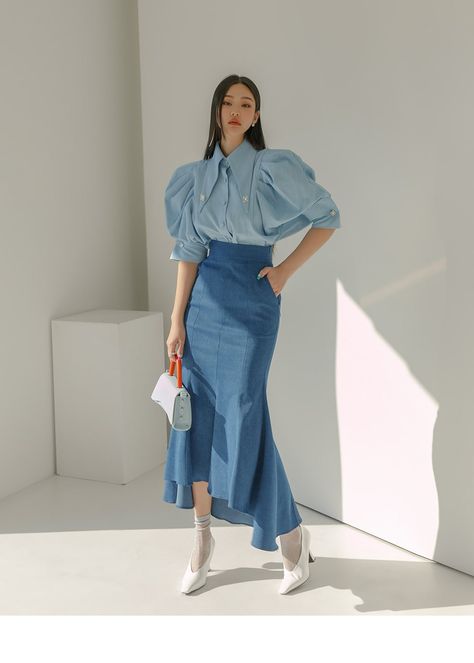 Denim Elegant Outfit, Denim Classy Outfit, Dint Korean Clothing, Skirt With Blouse Outfit, Whole Denim Outfit, Extravagant Tops, Skirt Models Ideas, Denim Formal Outfit, K Drama Fashion Women