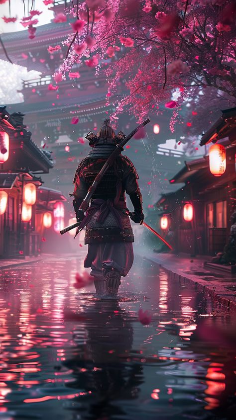 A samurai warrior in traditional armor stands in cherry blossom rain, with reflective water and glowing lanterns. The mystical Japanese temple background creates a serene yet powerful atmosphere. Samurai And Cherry Blossom Tattoo, Japanese Temple Aesthetic, Samurai Iphone Wallpaper, Aesthetic Samurai Wallpaper, Samurai Wallpaper 4k Phone, Cool Samurai Wallpaper, Samurai Background Pc, Temple Background, Samurai Illustration