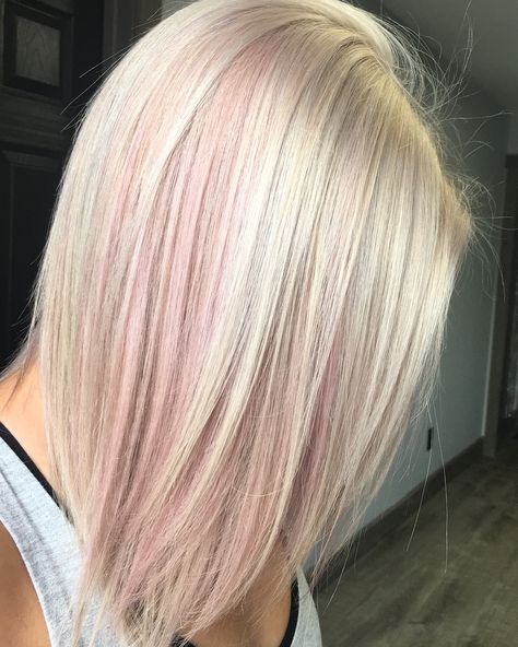 Platinum blonde and pink hair Blonde With Light Pink, Platinum Blonde Hair With Pink, Brown Hair Dyed Blonde, Pink Highlights Blonde Hair, Light Pink Highlights, Hot Pink Highlights, Highlights Blonde Hair, Peach Hair Colors, Pink Blonde