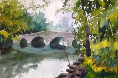 Old Bridge Painting, Watercolor Bridge, Bridge Watercolor, Bridge Ideas, Bridge Painting, Zodiac Academy, Stone Bridge, Nouveau Art, Old Stone