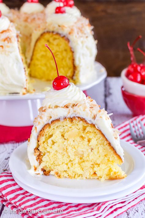 Pina Colada Bundt Cake, Pina Colada Cake, Easy Bundt Cake, Tropical Desserts, Pineapple And Coconut, Gateaux Cake, Bundt Cakes Recipes, A Piece Of Cake, Piece Of Cake