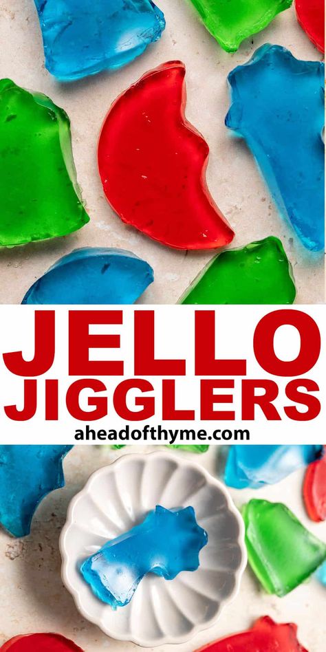 If you like Jell-O, you’ll love these fun Jello Jigglers! They’re fun and colorful, smooth in texture, and fruity flavored. These wiggly jiggly gelatin treats are great for everyday snacks or special occasion treats for kids and adults. Customize these jelly jigglers for any holiday using different colors and shapes. Make them early in the day and enjoy once set in the afternoon or start them in the evening for fresh treats the next day. | aheadofthyme.com #jellojiggler... via @aheadofthyme Jello Shapes, Jello Pudding Recipes, Finger Jello, Everyday Snacks, Jello Jigglers, Treats For Kids, Sugar Free Jello, Thyme Recipes, Dessert Items