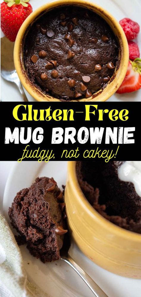 Enjoy an amazing GF chocolate dessert in only one minute! This gluten-free mug brownie recipe has the perfect balance of texture – rich and fudgy without being undercooked and goopy. Discover many easy tricks right here, along with versatile options for egg-free, vegan, dairy-free, or cakey single-serving dessert! Microwave Gluten Free Dessert, Gluten Free Cookie In A Mug, Gluten Free Brownie In A Mug, Mamagourmand Recipes, Mug Brownie Recipe, Mug Brownie Recipes, Gluten Free Chocolate Brownies, Gluten Free Mug Cake, Mug Brownie