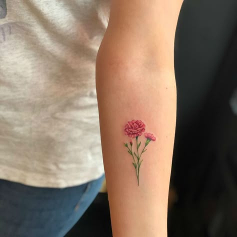 27 Beautiful Carnation Tattoo Ideas and Their Symbolism Pink Carnation Tattoo, Carnation Flower Tattoo, Marigold Tattoo, Carnation Tattoo, Flower Tattoo Meanings, Chrysanthemum Tattoo, Female Tattoos, Shape Tattoo, Meaningful Tattoos For Women