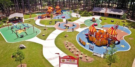 Civitan Smiles Park at Kiroli - Circus-Themed Inclusive Playground Epdm Playground, School Elevation, Cheap Garden Ideas, Themed Playground, Inclusive Playground, Modern Playground, Playgrounds Architecture, Playground Landscaping, Monroe Louisiana