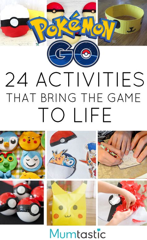 24 Pokemon GO Activities that Bring the Game to Life Pokémon Activities, Pokemon Club, Pokemon Party Games, Pokémon Crafts, Make Your Own Pokemon, Pokemon Printables, Pokemon Themed Party, Pikachu Cake, Pokémon Party