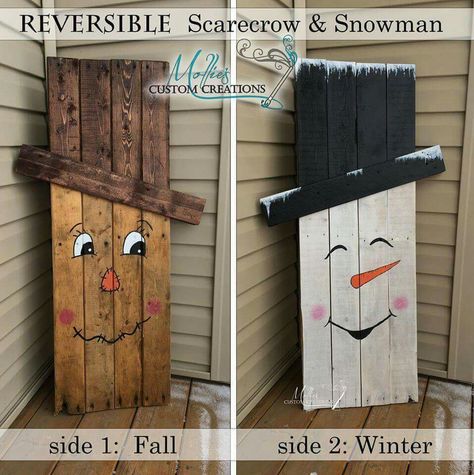 Scarecrow one side snowman reverse side. Fall and winter 2 in 1 porch decor Season Craft, Kerajinan Diy, Wooden Boards, Pallet Decor, Pallet Crafts, Navidad Diy, घर की सजावट, Wood Pallet Projects, Pallet Art