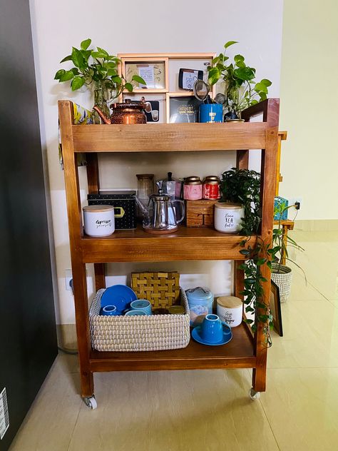 Coffee Dorm Station, Dorm Room Tea Station, Dorm Tea Station, Tea Station In Bedroom, College Kitchen Aesthetic, Aesthetic Coffee Cart, Tea Station Bedroom, Cluttercore Kitchen, Tiny Coffee Station