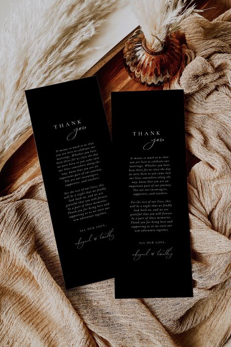 "Modern Wedding Table Thank You Template - With this template, you can edit all background colors, font colors, fonts, font sizes, and text! Note: This is an EDITABLE TEMPLATE. No physical product will be shipped to you. 🧡 MATCHING ITEMS: https://etsy.me/3kLVlor 🧡 TRY BEFORE YOU BUY: https://www.corjl.com/d/25LGKK WHAT YOU WILL RECEIVE A DIY customizable Thank You Note Template in the following size: * 4x9\" HOW TO ORDER ① Purchase your template ② A message from Corjl.com will be sent to the e Modern Wedding Table, Thank You Note Template, Black Napkins, Thank You Template, Wedding Table Setting, Elegant Modern Wedding, Template Black, Shipping Envelopes, Wedding Table Settings