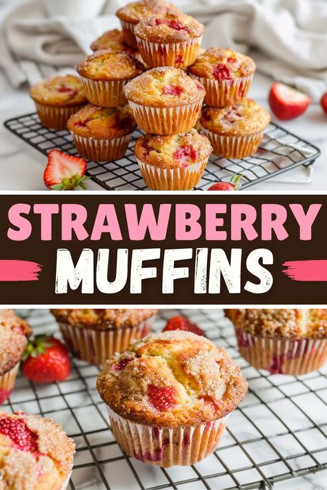 Treat yourself to these delightful strawberry muffins! They're moist, fruity, and perfect for breakfast or snacking. Easy Strawberry Muffins Healthy, Dairy Free Strawberry Muffins, Freeze Dried Strawberry Muffins, Sweet Muffin Recipes, Strawberry Mini Muffins, Frozen Strawberry Muffins, Baking With Strawberries, Strawberry Breakfast Ideas, Fruit Muffin Recipes