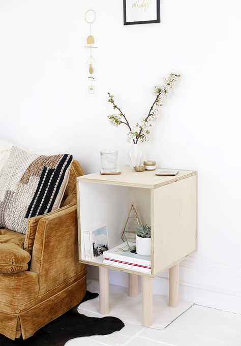 I've been thinking about making a new bedside stand for my room for the past couple months and this past week I finally put together this plywood table and love it! And you might be thinking, uh - this isn't next to your bed in the photo... True! I'm also in the middle of redoing our front living… Wooden Crates Nightstand, Cube Side Table, Diy Side Table, Diy Nightstand, Minimalist Tables, Diy Furniture Bedroom, Room Stuff, Work Spaces, Diy Furniture Projects