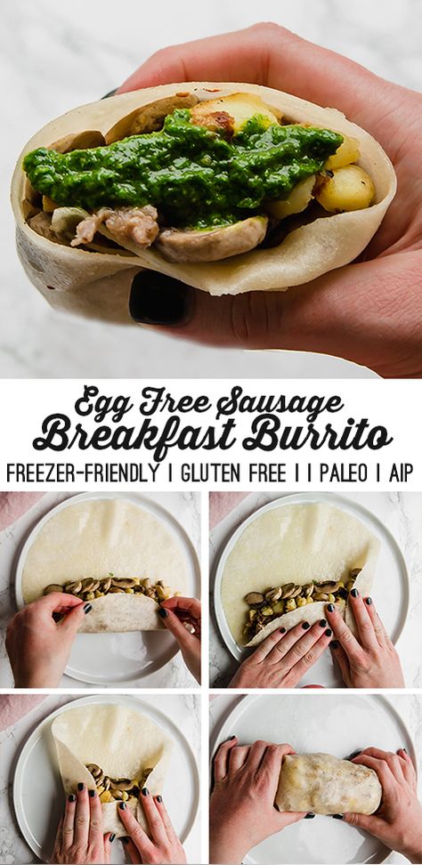 This sausage, potato, bacon, and mushroom breakfast burrito is a hearty breakfast that can be frozen for meal prep! It's paleo, AIP, and egg-free. Paleo Breakfast Burrito, Aip Paleo Breakfast, Autoimmune Diet Recipes, Bacon And Mushroom, Aip Diet Recipes, Mushroom Breakfast, Egg Free Breakfast, Aip Breakfast, The Egg Diet