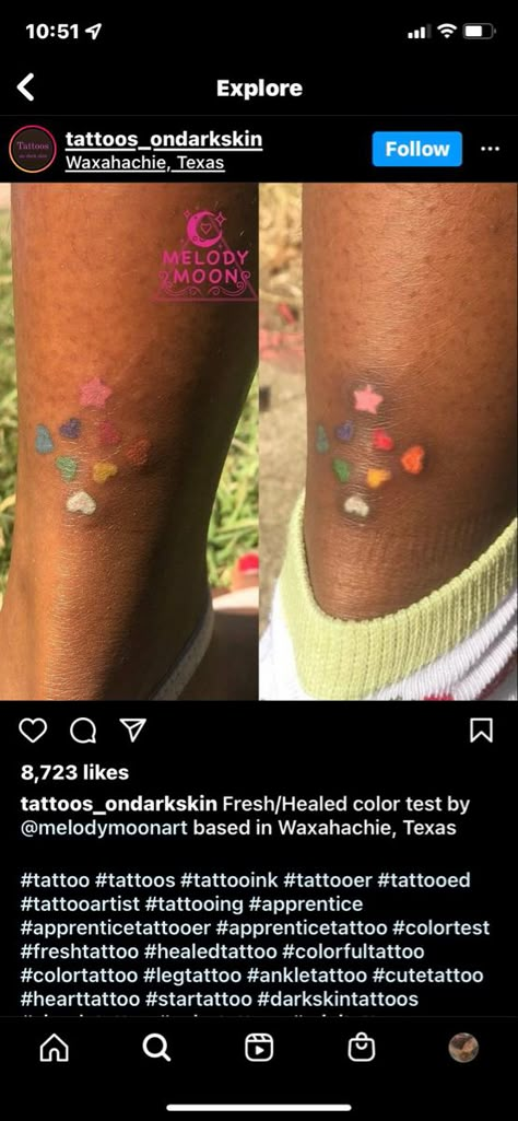 Color Tattoos After Years, Color Tattoos On Light Skin, Blue Tattoo Ink On Brown Skin, Tattoo Color Test Ideas, Green Tattoo On Brown Skin, Blue Ink On Dark Skin, Healed Color Tattoos On Dark Skin, Black Skin Color Tattoo, Color Tattoo Black Skin