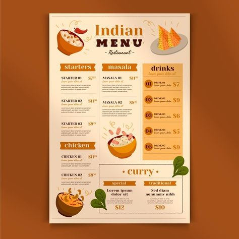 Traditional indian menu template | Free Vector #Freepik #freevector #food #menu #restaurant #dinner Indian Menu Design, Indian Food Menu, Menu Design Layout, Menu Sans Gluten, Menu Design Inspiration, Mexican Menu, Menu Card Design, Chicken Menu, Restaurant Dinner