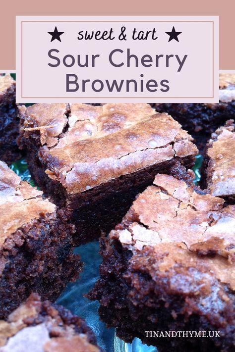 Satisfy your sweet tooth with these indulgent sour cherry brownies. Rich and fudgy with a deep chocolate flavour, they're loaded with tangy sour cherries for a perfectly balanced taste. Just right for dessert, a special occasion or a simple treat. Pin this recipe now to save it for later and enjoy the ultimate chocolatey indulgence whenever you need a little pick-me-up. Sour Cherry Brownies, Sour Cherry Desserts, Cherry Brownies Recipe, Sour Cherries Recipes, Chocolate Cherry Dessert Recipes, Brownies With Cherries, Sour Cherry Cake Recipe, Tart Cherry Recipes, Cherries Recipes