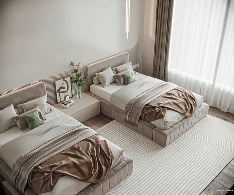 Double Bed Rooms Ideas, Behance Interior Bedroom, Guest Bedroom Ideas Twin Beds, Double Bedroom Design, Modern Twin Bedroom, Double Bed Design Modern, Aesthetic Kids Bedroom, Bedroom Twins, Twin Bedroom Decor