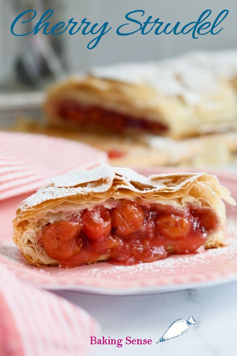 Cherry Strudel made with tart cherries and crisp phyllo dough. It's perfect for dessert or brunch. Phyllo Dough Recipes Dessert Cherry, Phyllo Dough Recipes Dessert Fruit, Philo Recipes Desserts, Cherry Strudel Recipe Phyllo Dough, Philo Recipes, Tart Cherry Recipes, Cherry Filling Recipes, Cherry Strudel, Philo Dough