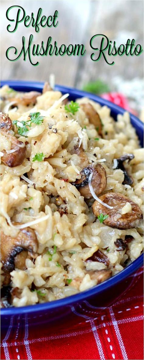 This mushroom risotto recipe is fool-proof and simple, a perfect meatless main dish or side. Company worthy and easily adapted for a vegan main dish. #recipes #mushrooms #risotto #easyrisotto #vegetarian Rositto Recipes Mushroom, Rissoto Recipes Vegetarian, Mushroom Rositto, Rositto Recipes, Paella Recept, Mushroom Risotto Recipes, Vegetarian Main Dishes, Mushroom Risotto, Risotto Recipes