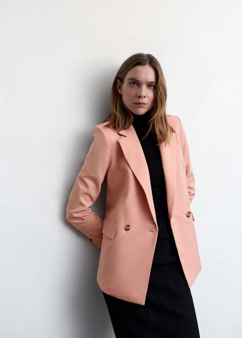 Double-breasted blazer - Women | Mango United Kingdom Mango Outlet, Blazer Style, Breasted Blazer, Double Breasted Blazer, Blazer Fashion, Women's Coats & Jackets, Co Ord, Blazers For Women, Pastel Pink