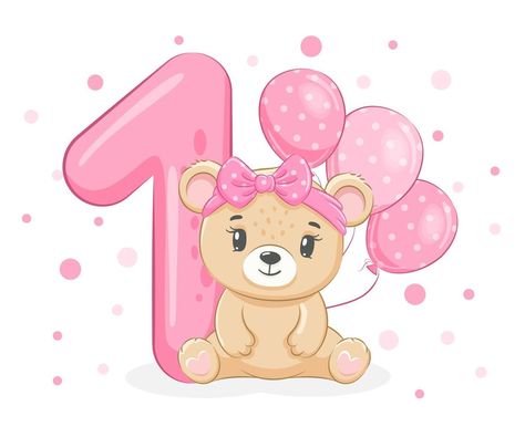 An illustration from the cartoon - Happy birthday, 1 year, a cute little bear girl. Vector illustration. Happy Birthday 1 Year, Hearts Cartoon, Happy Birthday Baby Girl, Scrapbook Bebe, Flowers Balloons, Baby Birthday Card, Baby Scrapbook Album, Baby Print Art, Baby Art Projects