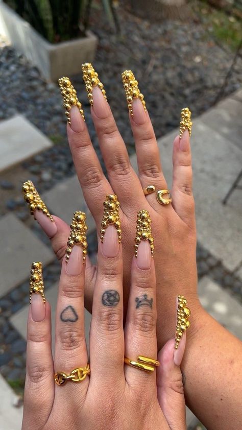 Gold Bead Nails, Acrylic Toe Nails, Drip Nails, Exotic Nails, Unique Acrylic Nails, Long Square Acrylic Nails, Square Acrylic Nails, Luxury Nails, Fire Nails