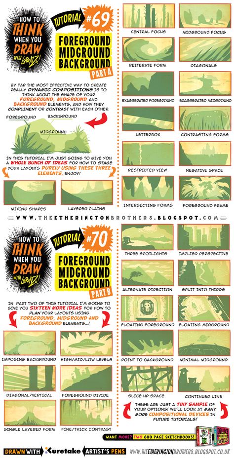 Doodling Notebook, Comic Tips, Etherington Brothers, Composition Tips, Inkscape Tutorials, Comic Tutorial, Comic Layout, Background Drawing, Digital Painting Tutorials